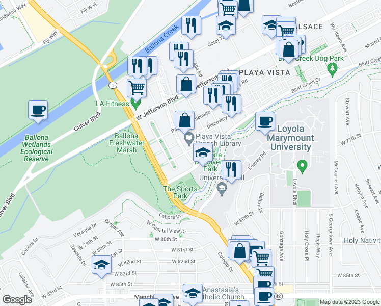 map of restaurants, bars, coffee shops, grocery stores, and more near 6330 Seawalk Drive in Los Angeles