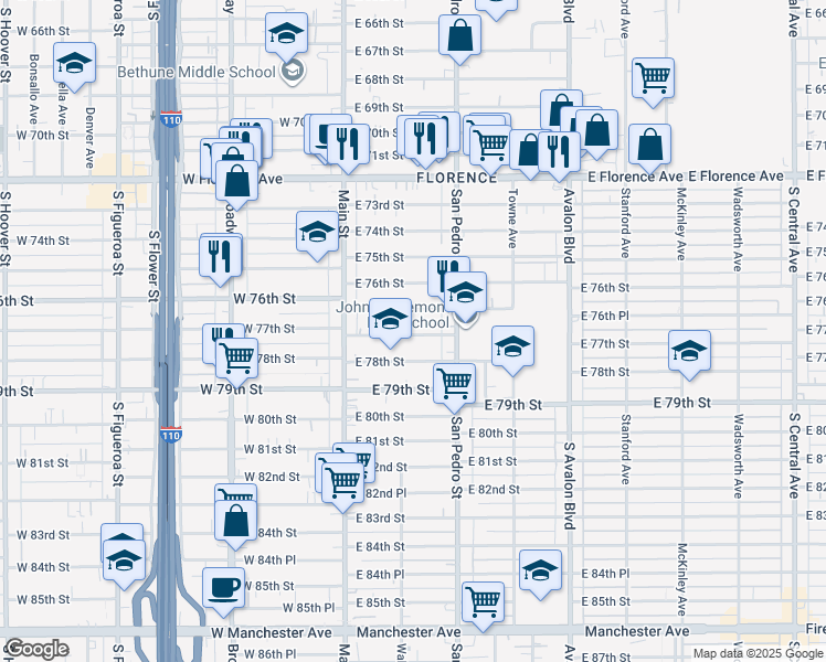 map of restaurants, bars, coffee shops, grocery stores, and more near 217 East 77th Street in Los Angeles