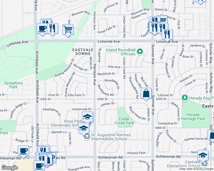 map of restaurants, bars, coffee shops, grocery stores, and more near 13714 Woodlands Street in Corona