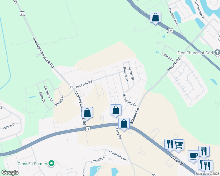 map of restaurants, bars, coffee shops, grocery stores, and more near 2865 Bismuth Drive South in Sumter