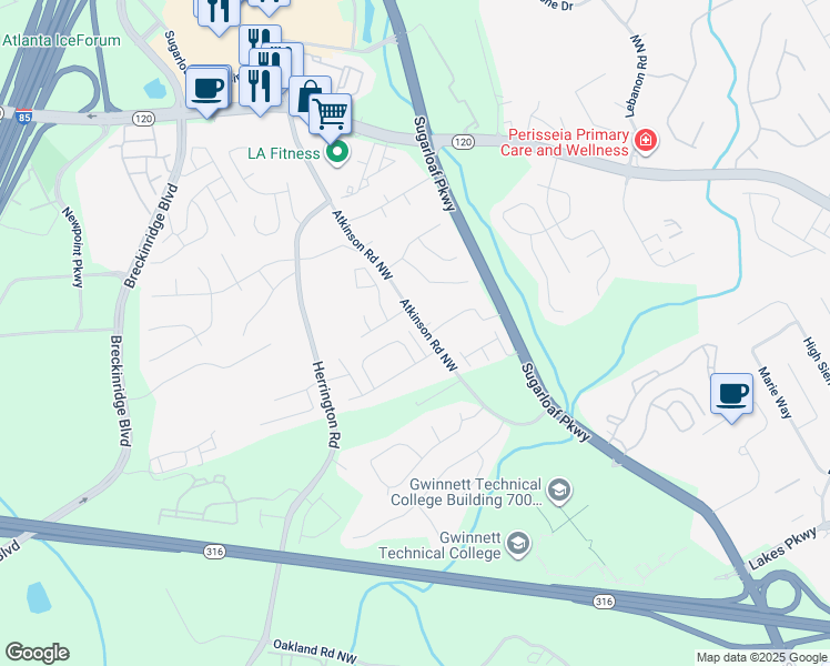 map of restaurants, bars, coffee shops, grocery stores, and more near 2011 Atkinson Park Drive Northwest in Lawrenceville