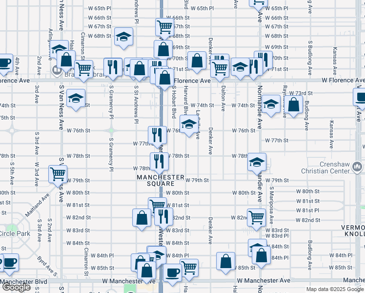 map of restaurants, bars, coffee shops, grocery stores, and more near 7707 Harvard Boulevard in Los Angeles