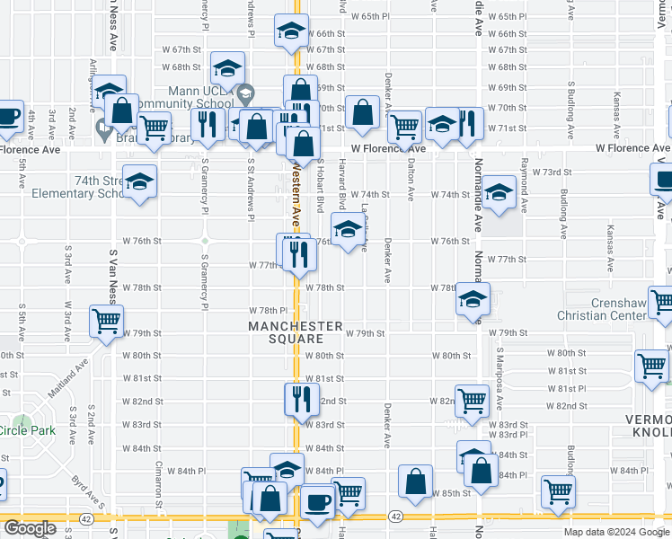 map of restaurants, bars, coffee shops, grocery stores, and more near 7707 Harvard Boulevard in Los Angeles