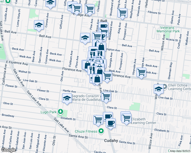 map of restaurants, bars, coffee shops, grocery stores, and more near in Bell