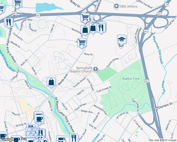 map of restaurants, bars, coffee shops, grocery stores, and more near 325 Bray Street in Athens