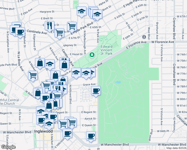 map of restaurants, bars, coffee shops, grocery stores, and more near 717 East Florence Avenue in Inglewood