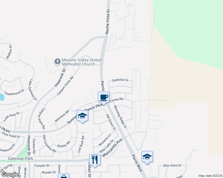 map of restaurants, bars, coffee shops, grocery stores, and more near 24677 Darkstar Drive in Moreno Valley
