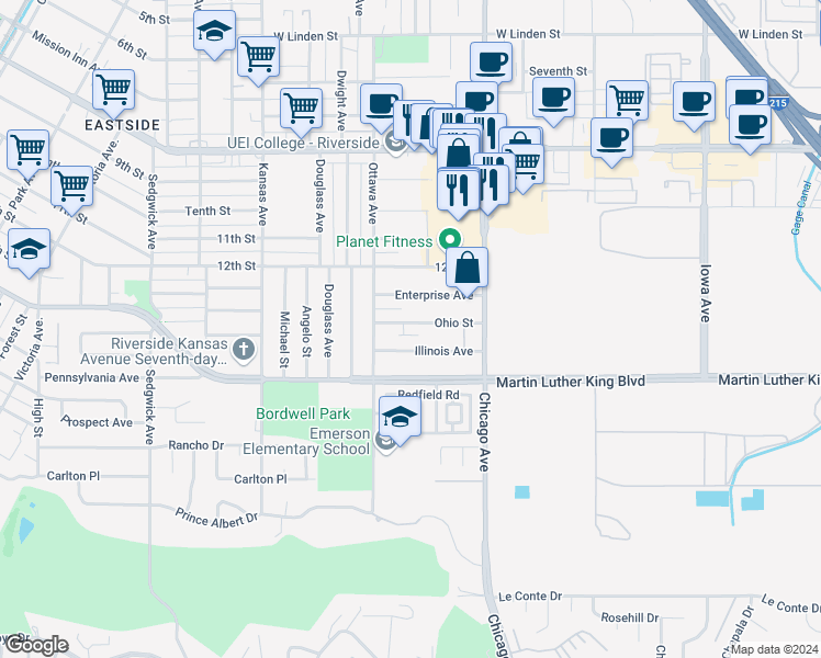 map of restaurants, bars, coffee shops, grocery stores, and more near 1814 Enterprise Avenue in Riverside