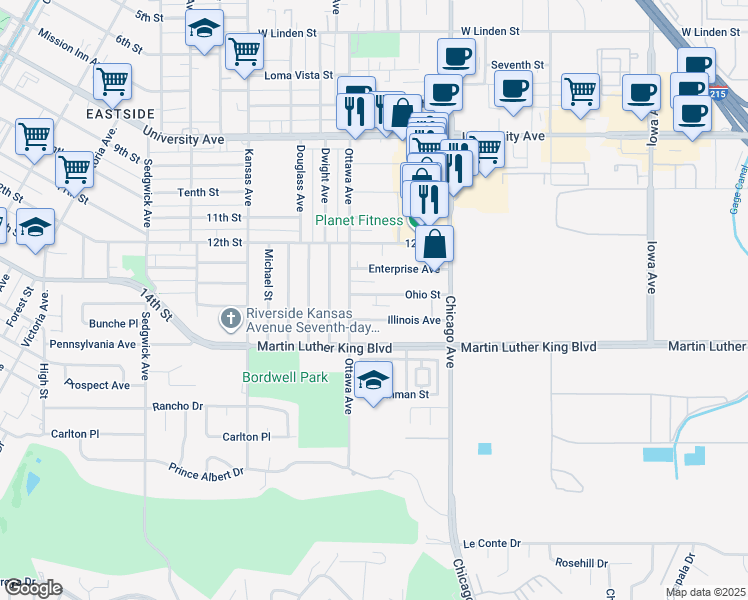 map of restaurants, bars, coffee shops, grocery stores, and more near 1884 Enterprise Avenue in Riverside