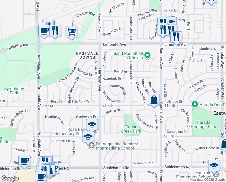 map of restaurants, bars, coffee shops, grocery stores, and more near 13714 Woodlands Street in Corona