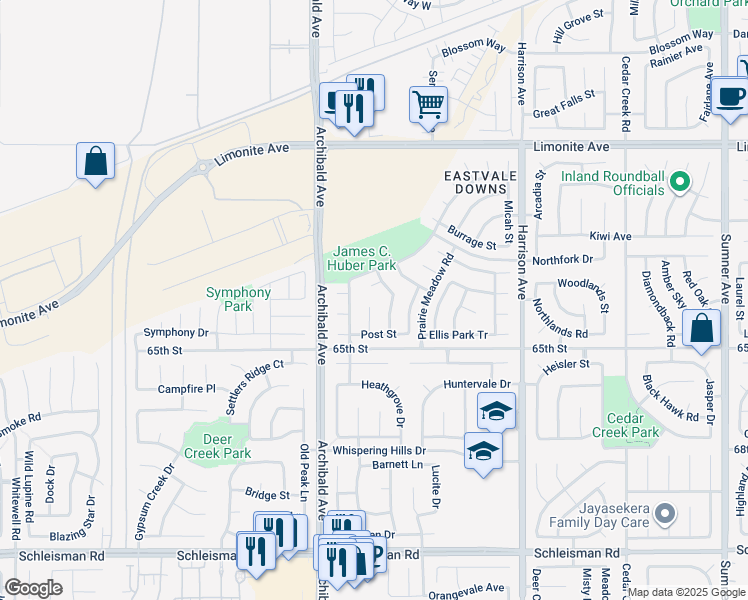 map of restaurants, bars, coffee shops, grocery stores, and more near 6504 Angels Camp Court in Corona