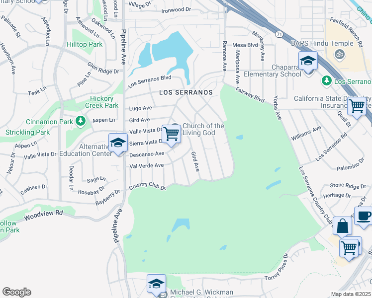 map of restaurants, bars, coffee shops, grocery stores, and more near 4335 Gird Avenue in Chino Hills