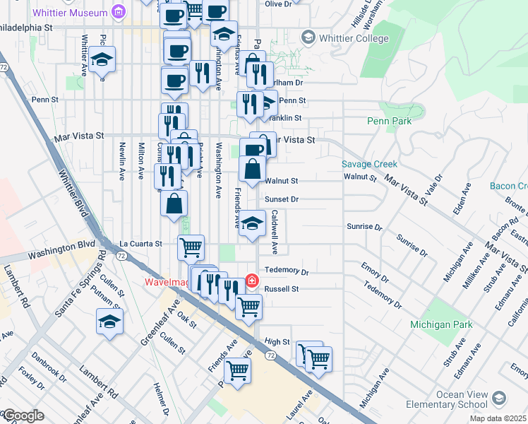 map of restaurants, bars, coffee shops, grocery stores, and more near 13407 Sunset Drive in Whittier