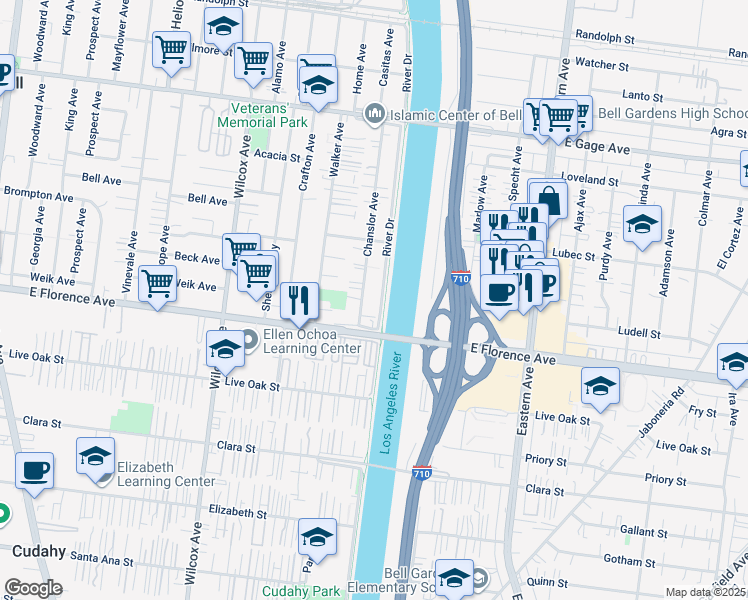 map of restaurants, bars, coffee shops, grocery stores, and more near 7008 Chanslor Avenue in Bell