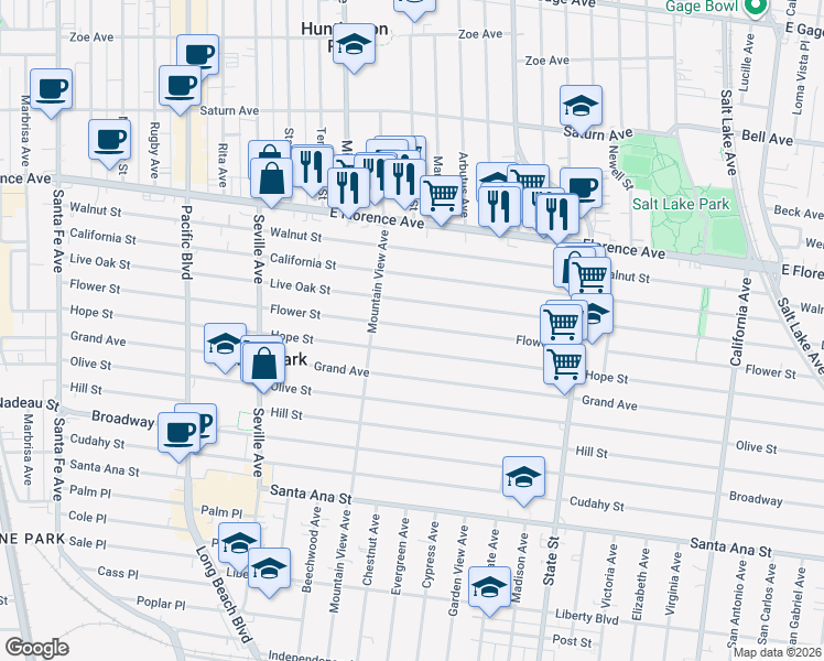 map of restaurants, bars, coffee shops, grocery stores, and more near 2940 Live Oak Street in Huntington Park