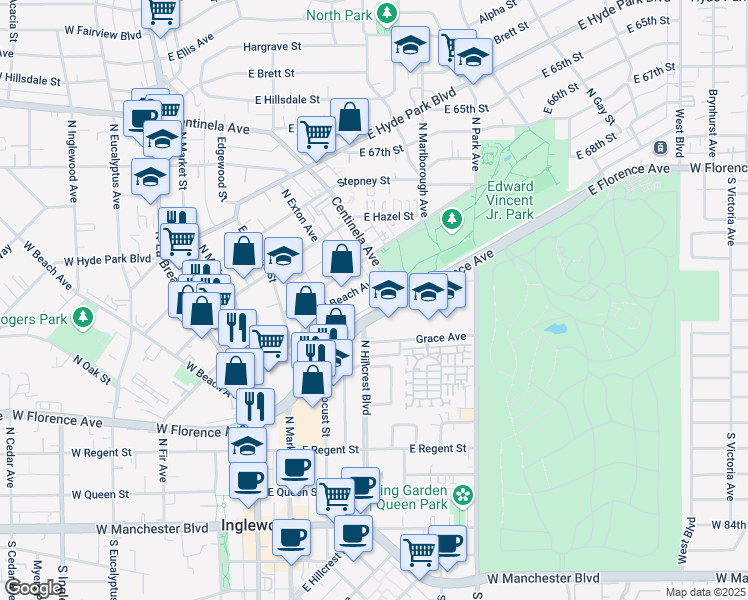 map of restaurants, bars, coffee shops, grocery stores, and more near 421 East Beach Avenue in Inglewood