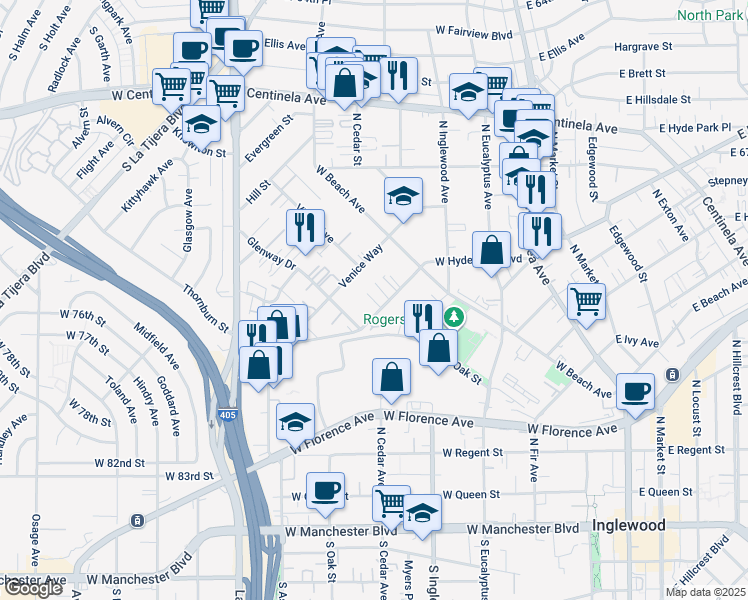 map of restaurants, bars, coffee shops, grocery stores, and more near 604 Venice Way in Inglewood