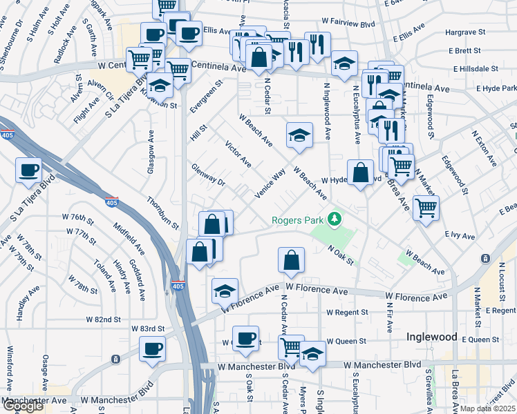 map of restaurants, bars, coffee shops, grocery stores, and more near 604 Venice Way in Inglewood