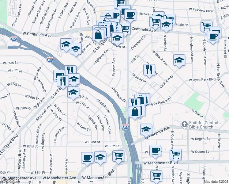 map of restaurants, bars, coffee shops, grocery stores, and more near 5283 Thornburn Street in Los Angeles