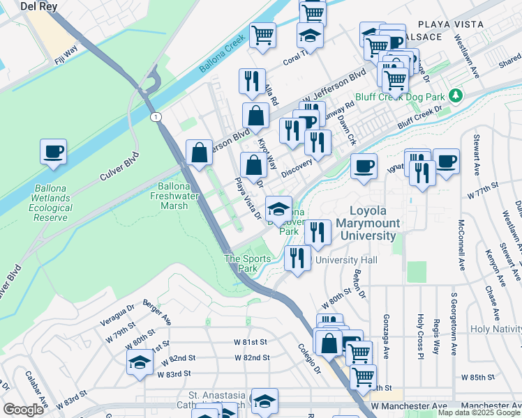 map of restaurants, bars, coffee shops, grocery stores, and more near 6330 Seawalk Drive in Los Angeles