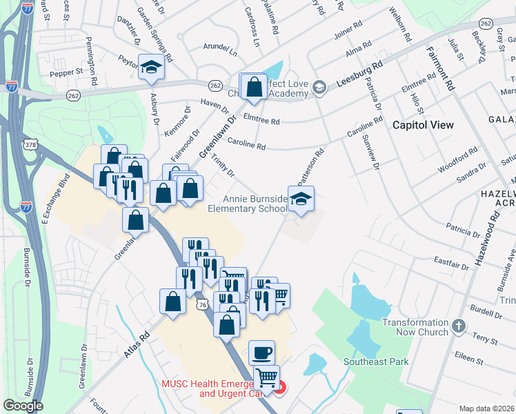 map of restaurants, bars, coffee shops, grocery stores, and more near 1458 Trinity Drive in Columbia
