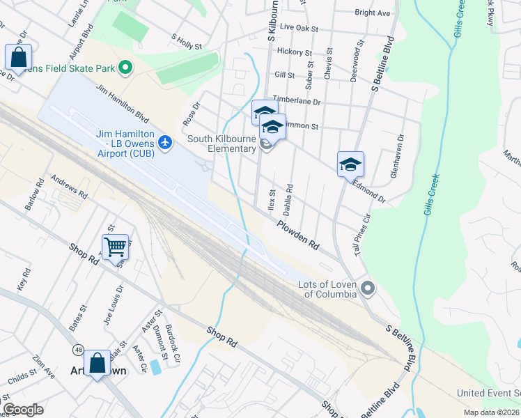 map of restaurants, bars, coffee shops, grocery stores, and more near 1513 Ilex Street in Columbia