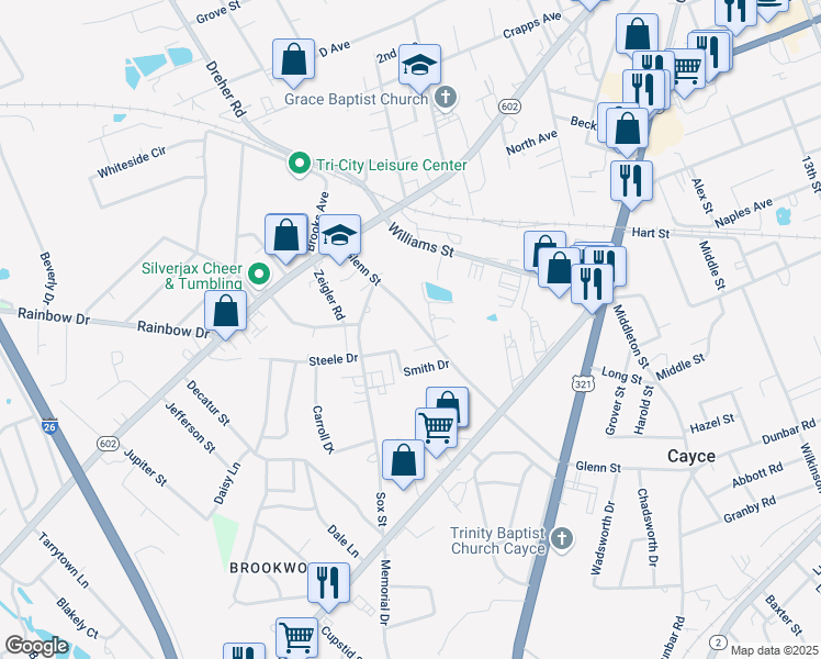 map of restaurants, bars, coffee shops, grocery stores, and more near 900 Glenn Street in West Columbia