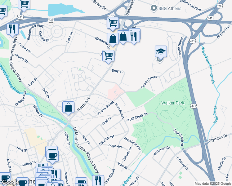 map of restaurants, bars, coffee shops, grocery stores, and more near 150 Evelyn C Neely Drive in Athens