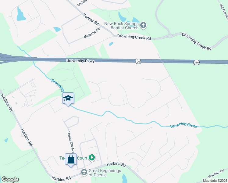 map of restaurants, bars, coffee shops, grocery stores, and more near 2801 Winky Bluff in Dacula