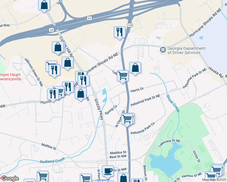map of restaurants, bars, coffee shops, grocery stores, and more near 51 Joans Court in Lawrenceville
