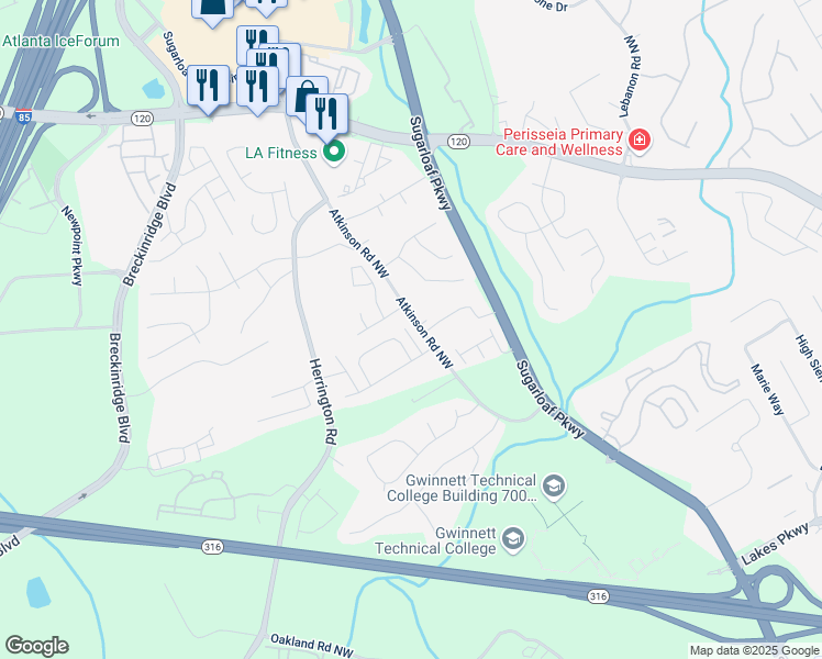map of restaurants, bars, coffee shops, grocery stores, and more near 2011 Atkinson Park Drive Northwest in Lawrenceville