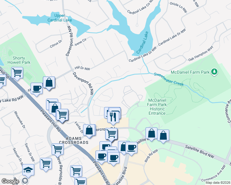 map of restaurants, bars, coffee shops, grocery stores, and more near 3195 Oxwell Drive Northwest in Duluth