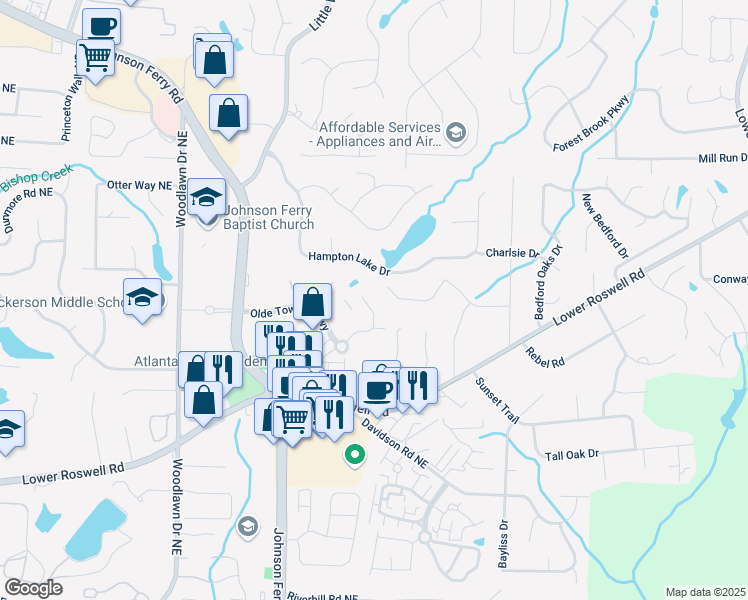 map of restaurants, bars, coffee shops, grocery stores, and more near 742 Olde Towne Lane in Marietta