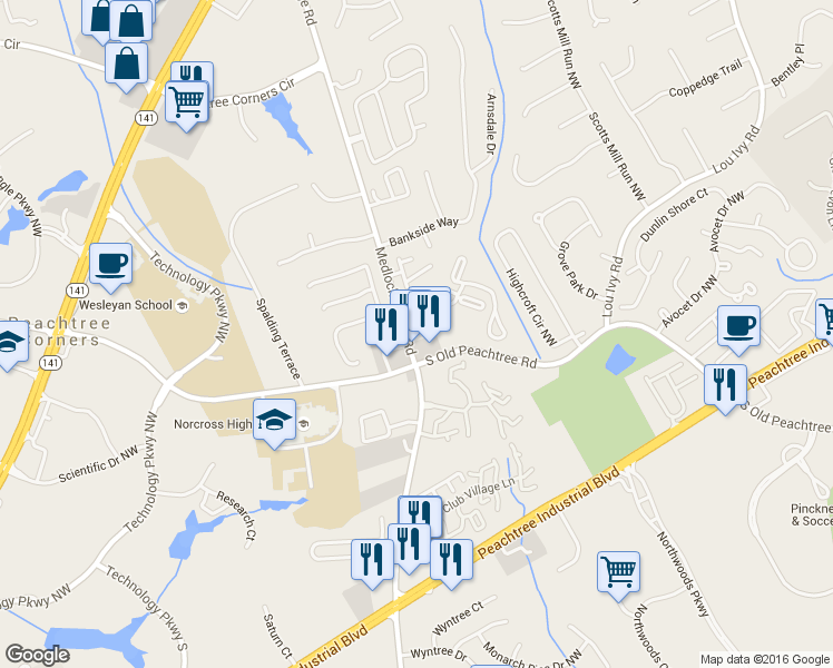 map of restaurants, bars, coffee shops, grocery stores, and more near 603 Montrose Parkway in Peachtree Corners