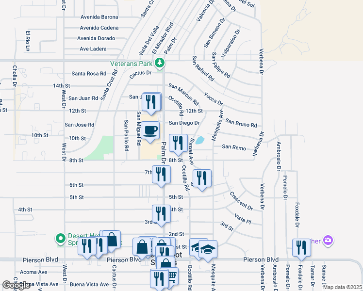 map of restaurants, bars, coffee shops, grocery stores, and more near 10771 Ocotillo Road in Desert Hot Springs