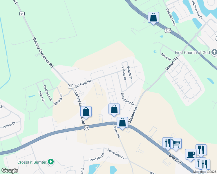 map of restaurants, bars, coffee shops, grocery stores, and more near 2865 Bismuth Drive North in Sumter