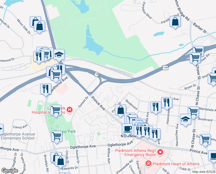 map of restaurants, bars, coffee shops, grocery stores, and more near 75 Jefferson Circle in Athens
