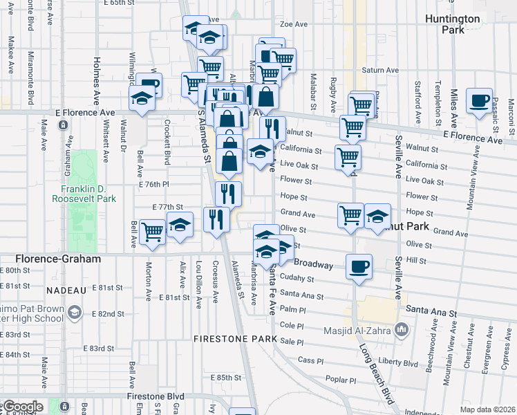 map of restaurants, bars, coffee shops, grocery stores, and more near 7557 Verano Way in Huntington Park