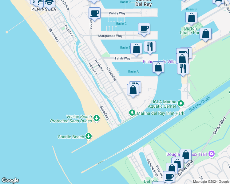map of restaurants, bars, coffee shops, grocery stores, and more near 137 Topsail Mall in Marina del Rey