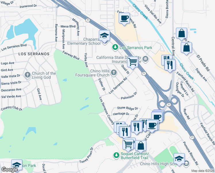 map of restaurants, bars, coffee shops, grocery stores, and more near 15608 Ethel Street in Chino Hills
