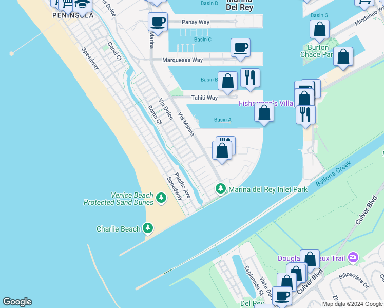 map of restaurants, bars, coffee shops, grocery stores, and more near 137 Topsail Mall in Marina del Rey