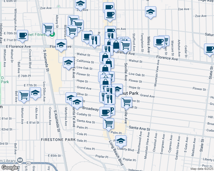 map of restaurants, bars, coffee shops, grocery stores, and more near 7611 Pacific Boulevard in Walnut Park