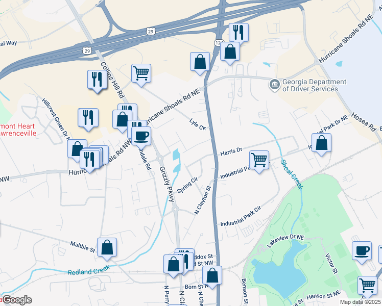 map of restaurants, bars, coffee shops, grocery stores, and more near 51 Joans Court in Lawrenceville