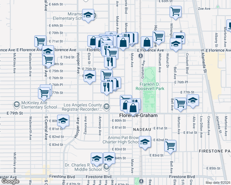 map of restaurants, bars, coffee shops, grocery stores, and more near 1526 East 77th Street in Los Angeles