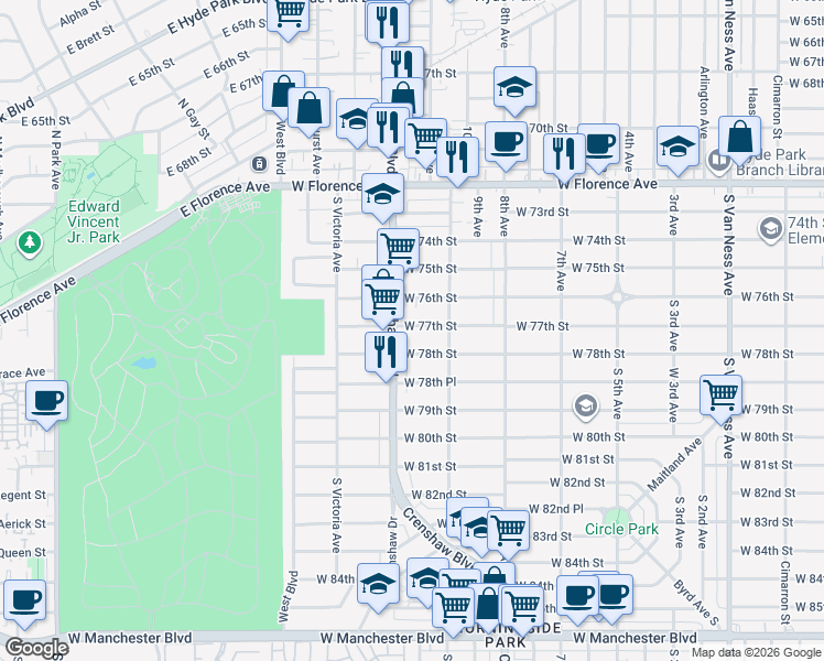 map of restaurants, bars, coffee shops, grocery stores, and more near 3310 West 77th Street in Los Angeles