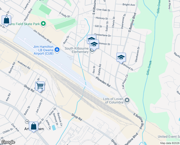 map of restaurants, bars, coffee shops, grocery stores, and more near 1513 Ilex Street in Columbia