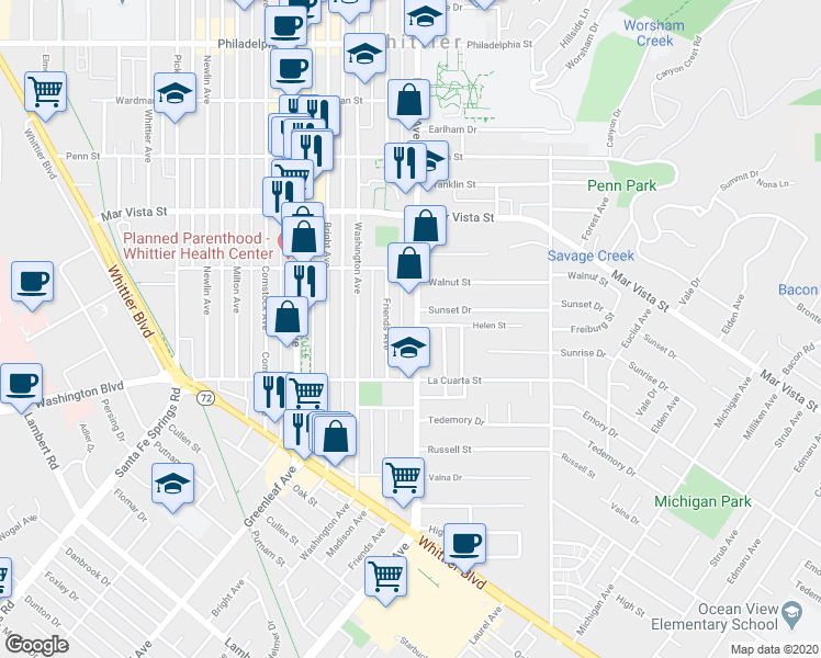 map of restaurants, bars, coffee shops, grocery stores, and more near 7901 Painter Avenue in Whittier