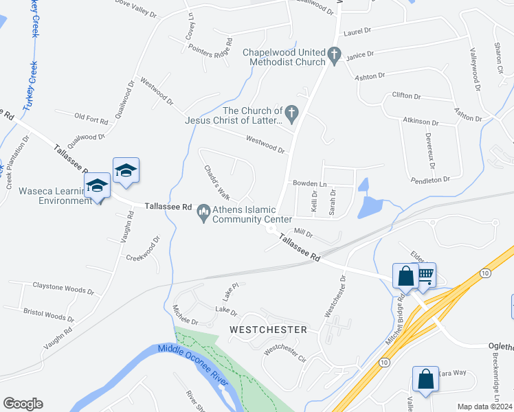 map of restaurants, bars, coffee shops, grocery stores, and more near 117 Chadd's Lane in Athens