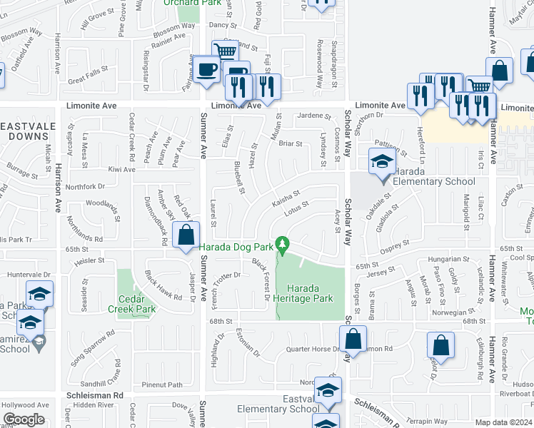 map of restaurants, bars, coffee shops, grocery stores, and more near 6504 Kaisha Street in Corona