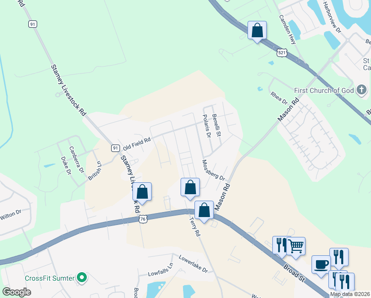 map of restaurants, bars, coffee shops, grocery stores, and more near 1760 Musket Trail in Sumter